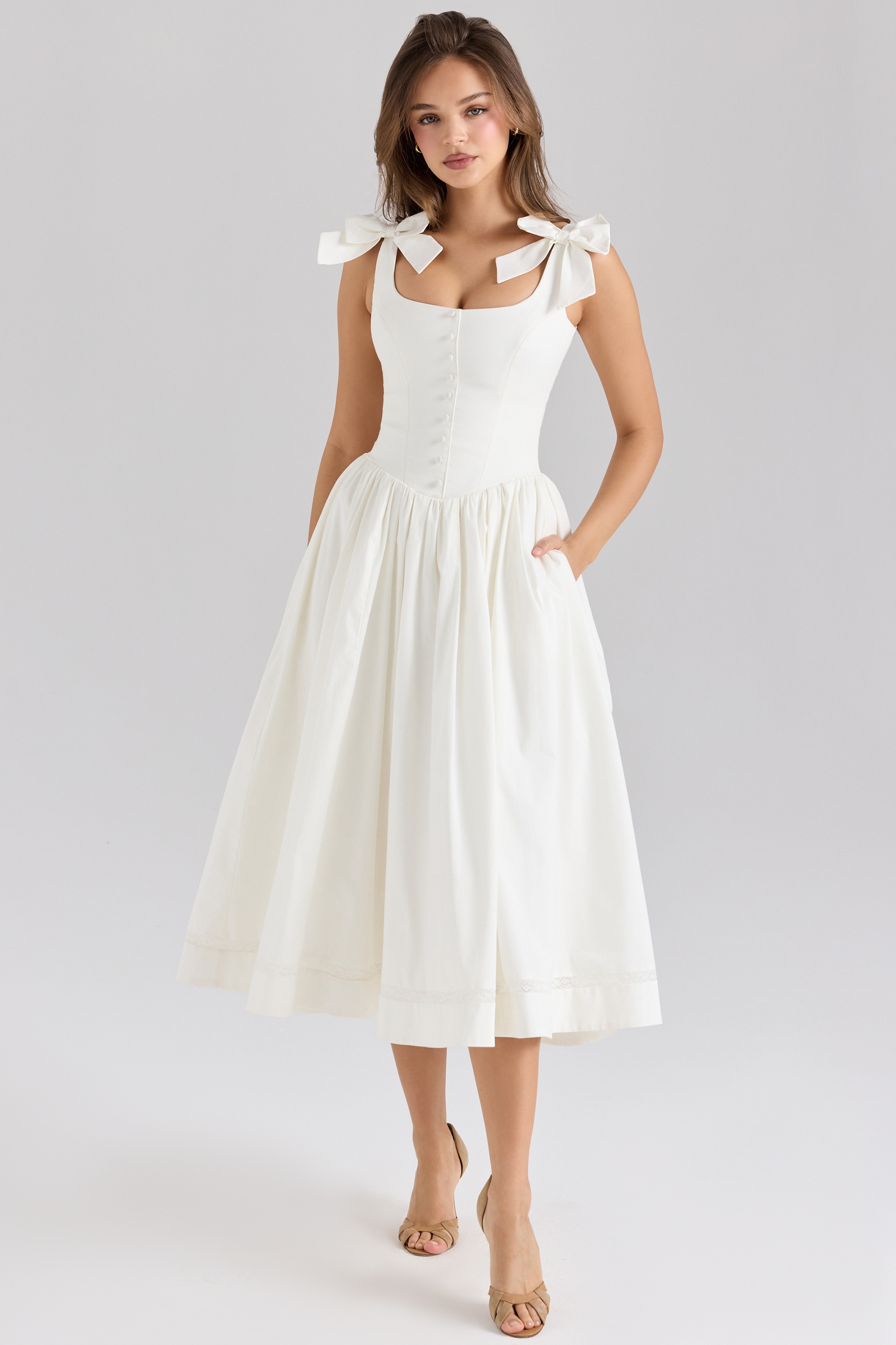 white stretch cotton bow midi dress | House of CB