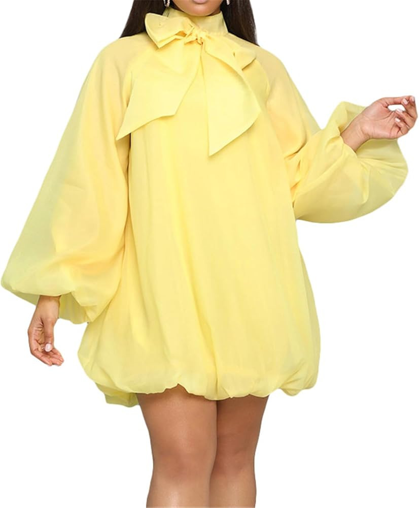 Womens Sexy Long Lantern Sleeve Turtleneck Bowknot Chiffon Bodycon Party Clubwear Dress | Amazon (US)