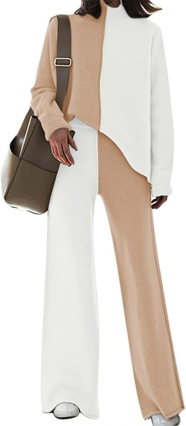Linsery Women Knit Sweatsuit Turtleneck Sweater Top Wide Leg Pants 2 Piece Outfits | Amazon (US)