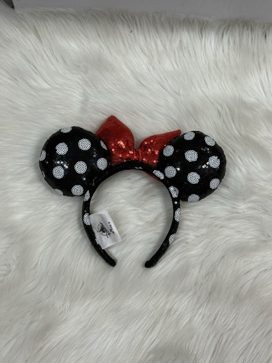 Disney Parks Polka Dot Red Bow Minnie Mickey Mouse Sequin Black Ears Headband | eBay | eBay US