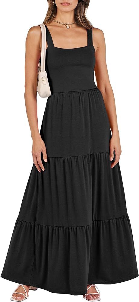 ANRABESS Women's Summer Casual Sleeveless Square Neck Swing Dresses Flowy Tiered Long Maxi Beach ... | Amazon (US)