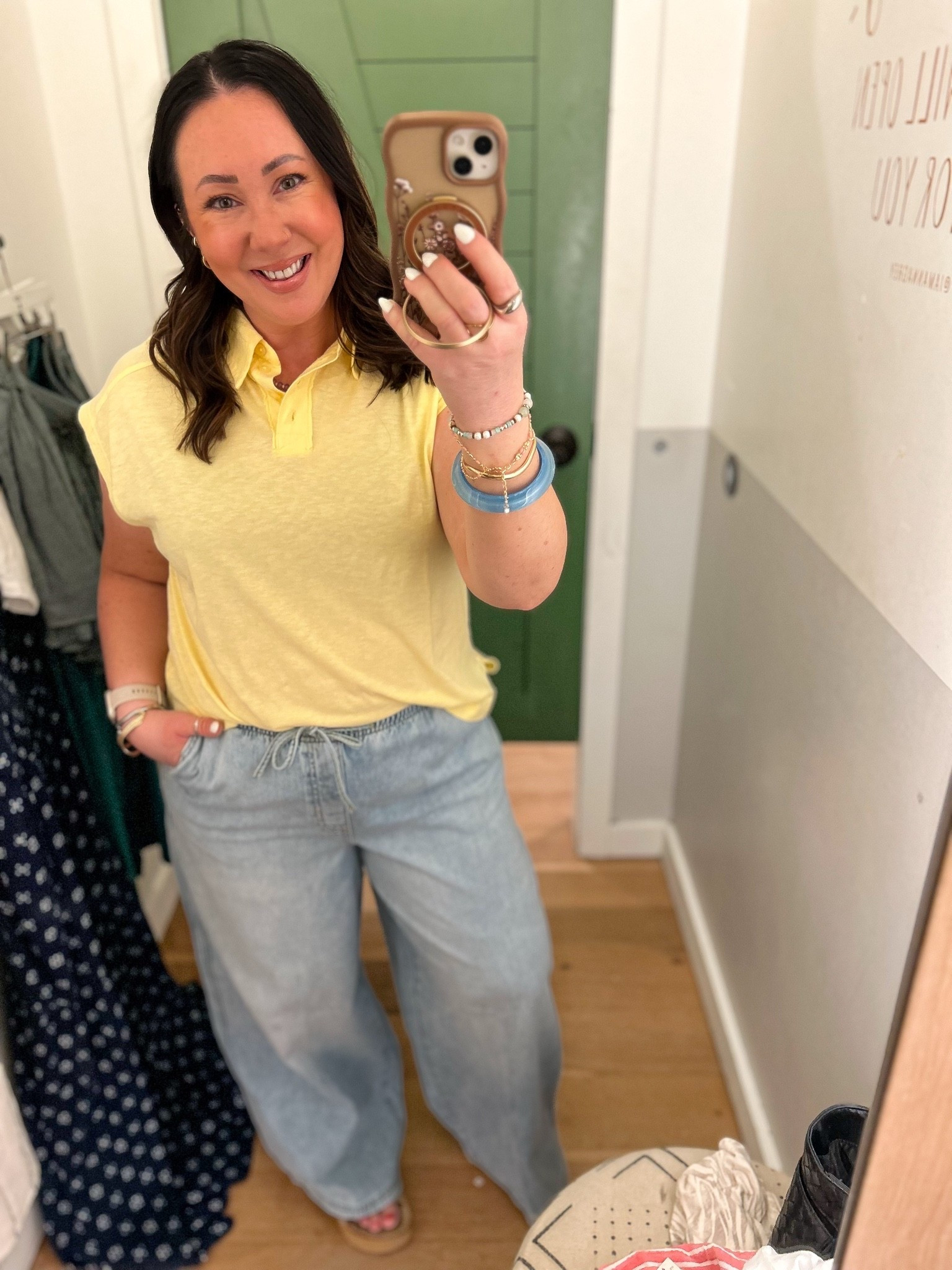 @Aerie  try-on! Medium polo tee! Love this yellow. Runs big though. Large pull on jeans! So comfy and love the wide leg!

#LTKmomlife #LTKOver40 #LTKSaleAlert