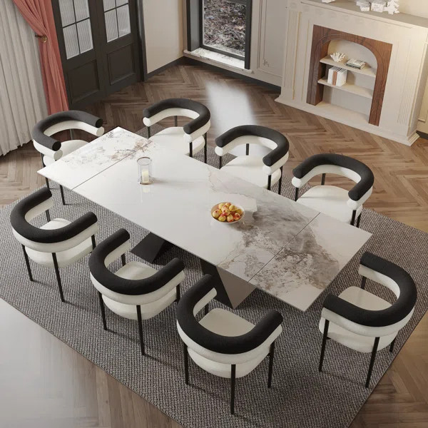 Doinita 9 - Piece 110.23'' Extendable Sintered Stone Dining Table with 8 Fabric Arm Chairs Dining... | Wayfair North America