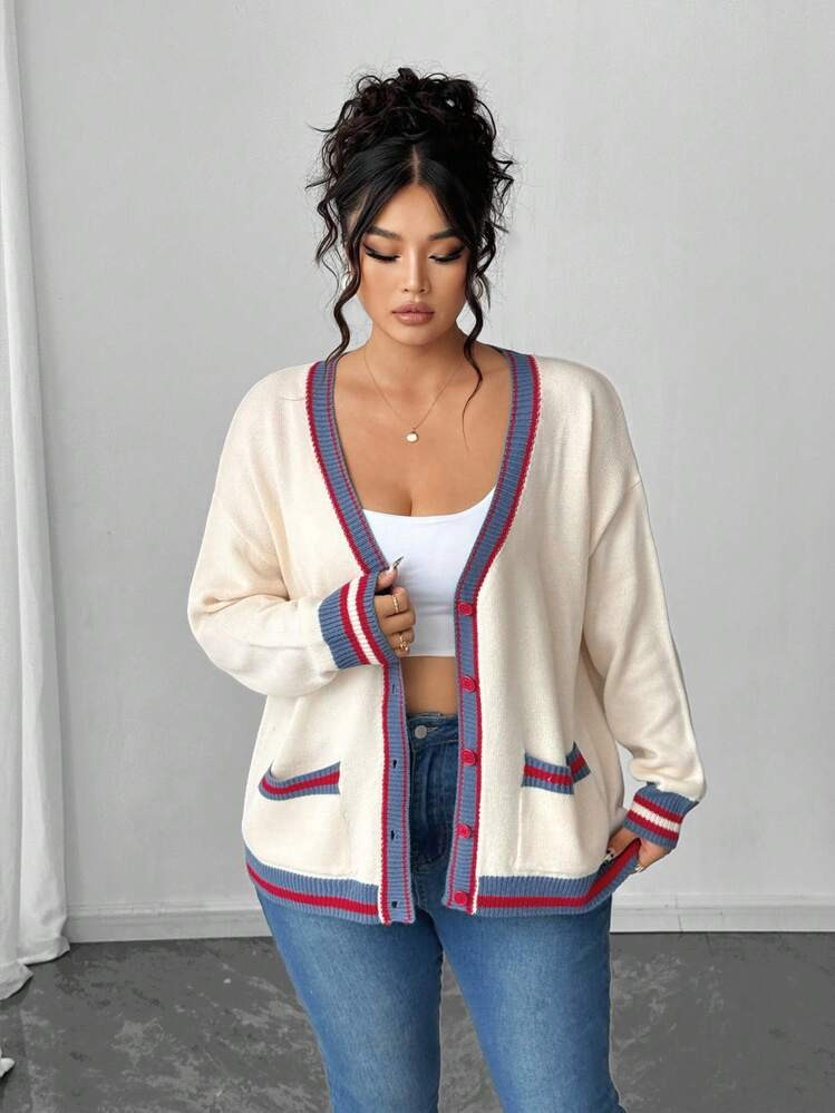 Elenzga Plus Size Fashionable Versatile Casual Colorblock Trim V-Neck Cardigan Fall Winter Cloth For Women Autumn | SHEIN
