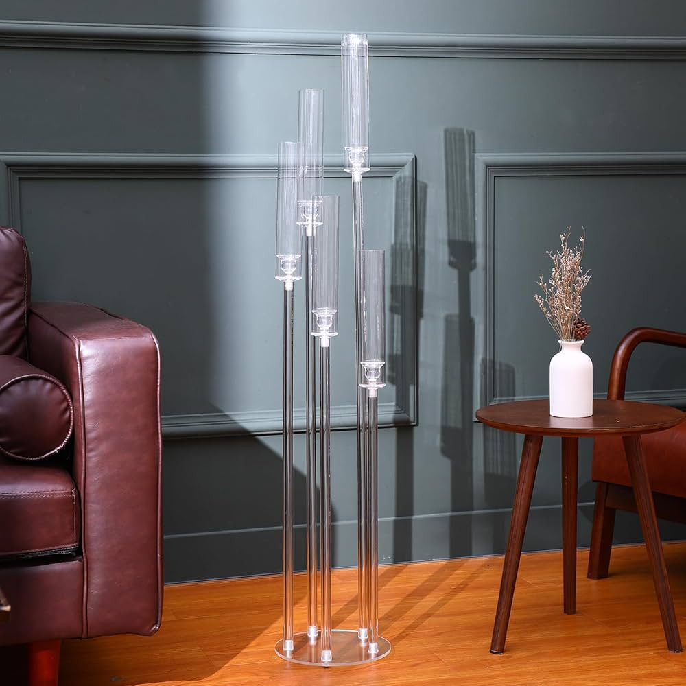 Vesici 2 Pcs 46.4x8.7 Inch Acrylic Candelabra Centerpieces for Wedding Table Clear 5 Arm Tall Can... | Amazon (US)
