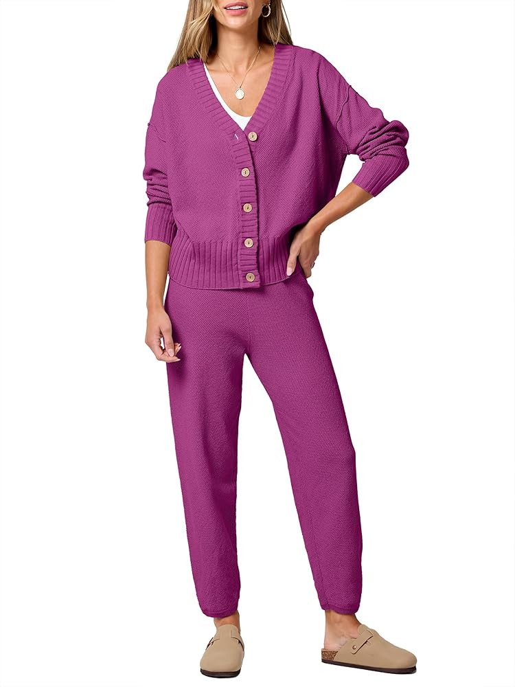 ANRABESS Women 2 Piece Outfits Waffle Knit Long Sleeve Cardigan Set Casual Sweater Pants Lounge S... | Amazon (US)