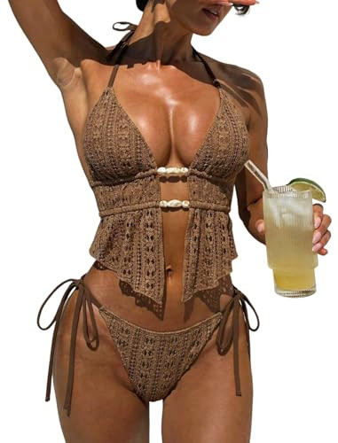 Beaded Backless Bathing Suit,Cheeky String Tie Side,Deep V-Neck Triangle Cup,Textured,Crochet,Pat... | Amazon (US)