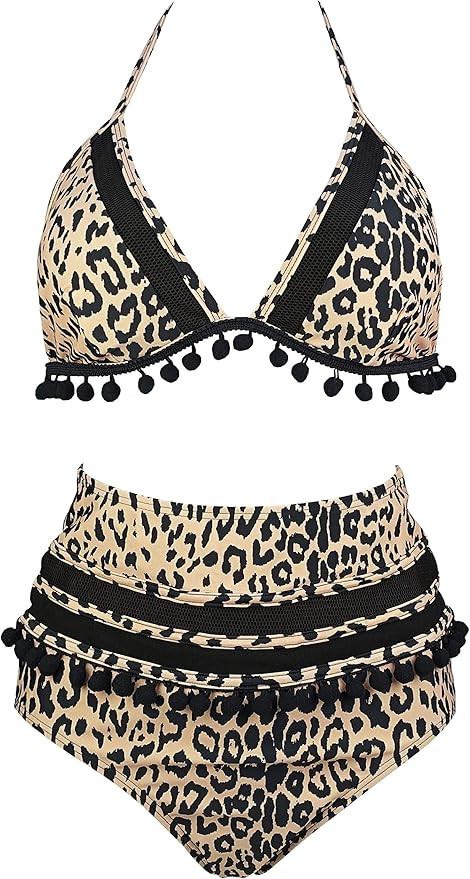 COCOSHIP Women's Mesh Striped High Waist Bikini Set Tassel Trim Top Halter Straps Swimsuit(FBA) | Amazon (US)