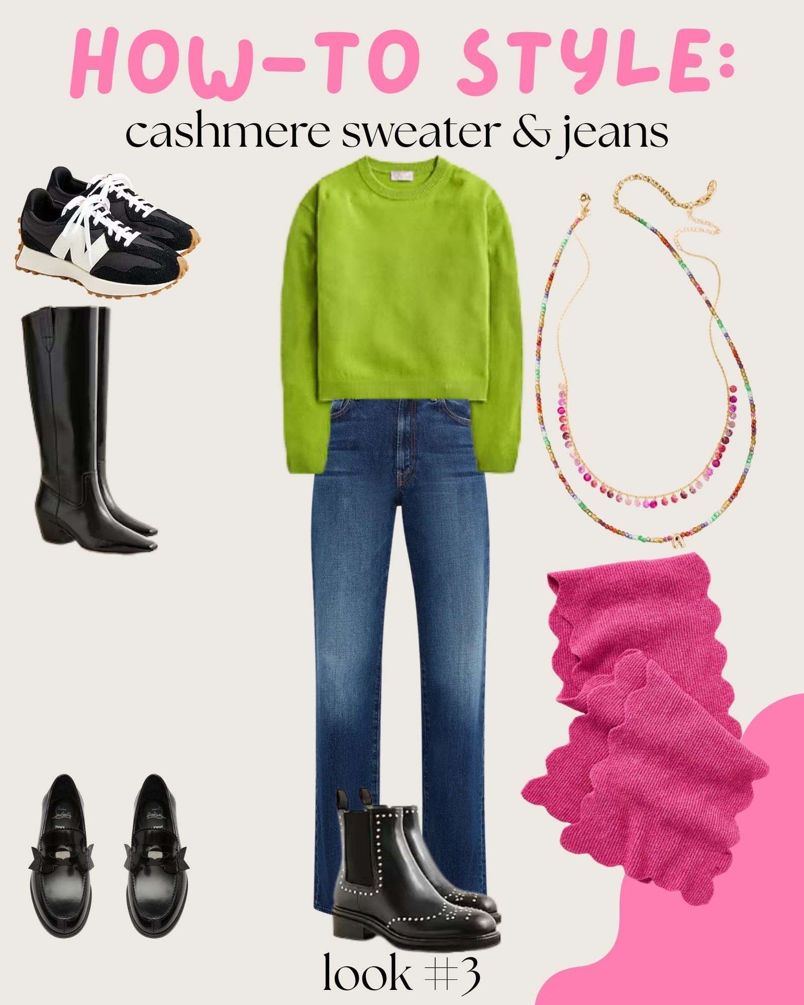 My how-to guide for styling cashmere sweater and jeans: look three 3️⃣. 

I have been leaning into stacking and layering necklaces of all different materials and textures. It feels so Lizzie McGuire coded. I love mixing the green and pink together, also very 200s vibes. 💕

#LTKFindsUnder100 #LTKShoeCrush #LTKStyleTip
