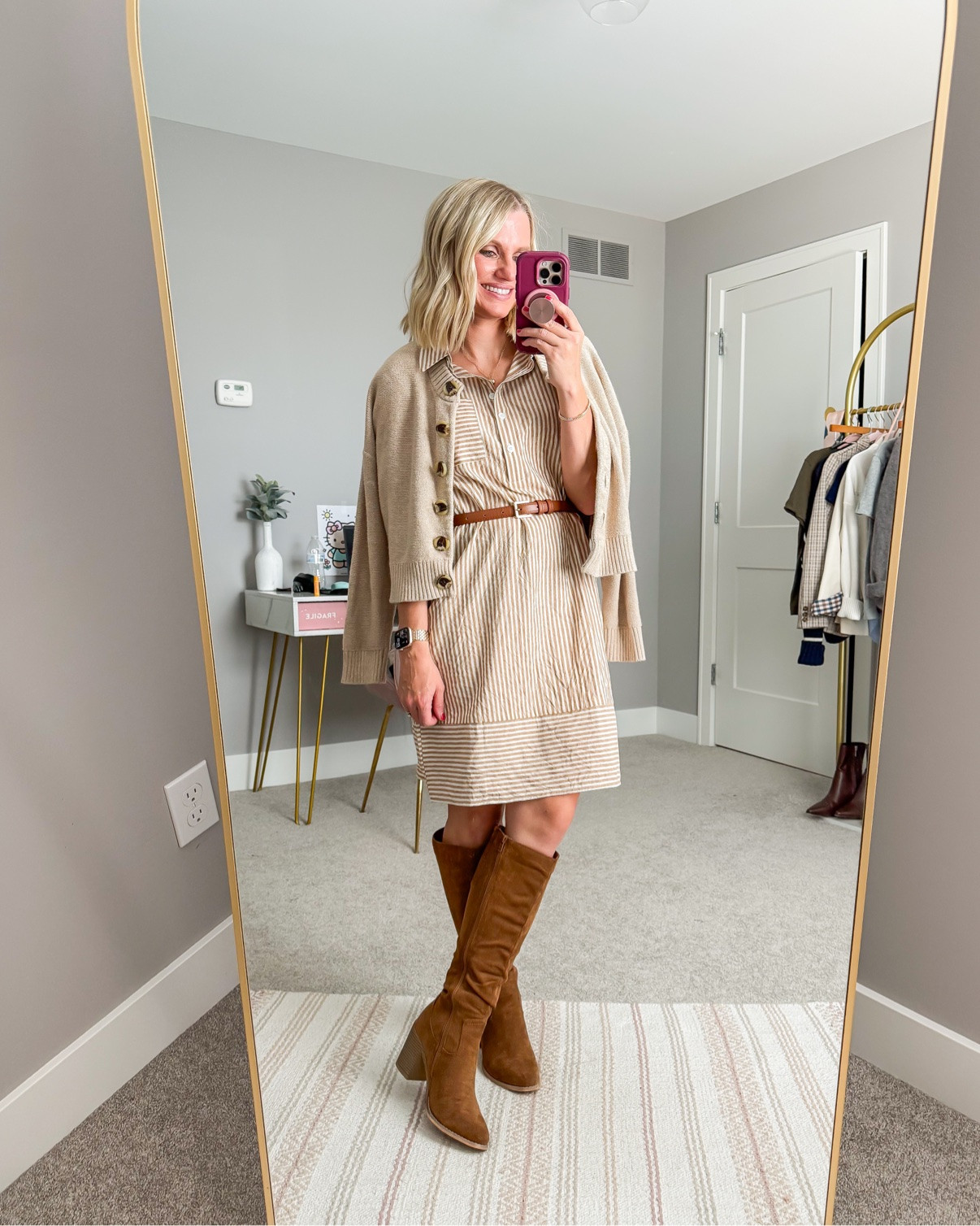 Amazon striped shirt dress + tall boots for fall 🍂
Dress- small
Cardigan- xs