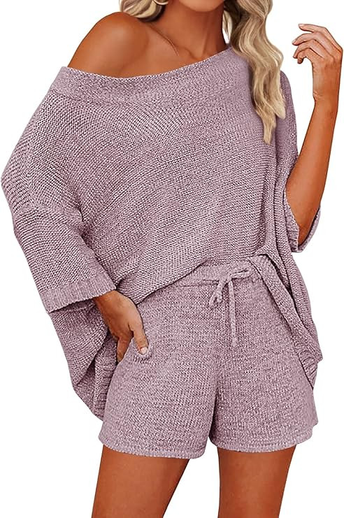 Mafulus Women's 2 Piece Outfits Sweater Sets Off Shoulder Knit Top Shorts Matching Suits Cute Paj... | Amazon (US)