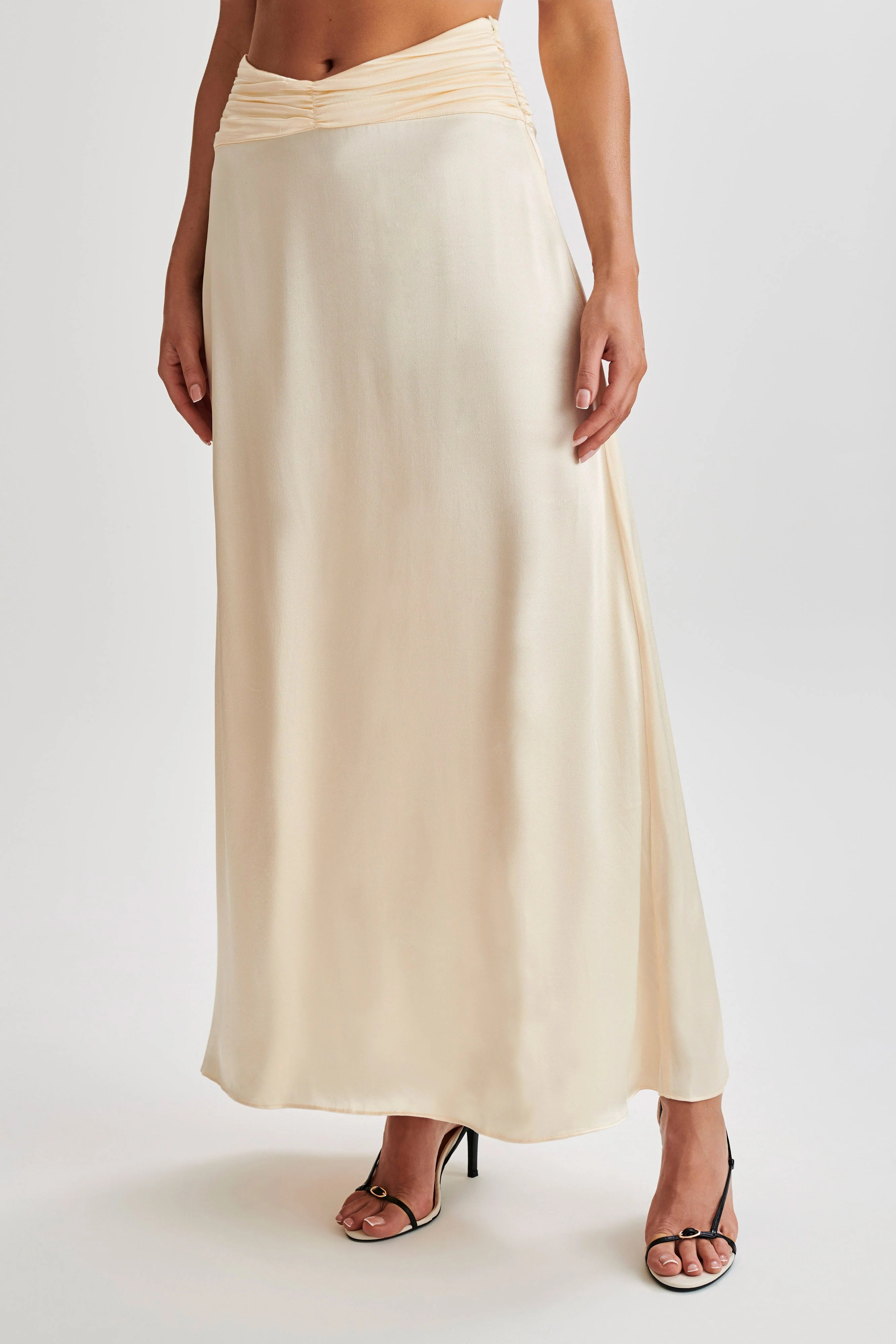 Clara Satin Ruched Maxi Skirt - Buttercream | MESHKI US