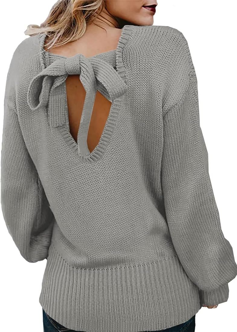 Asvivid Women Criss Cross V Back Sweaters Fall Trendy Long Sleeve Crewneck Knitted Pullover Jumper T | Amazon (US)