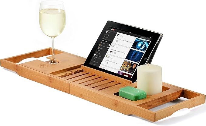 Premium Bamboo Bathtub Tray Caddy - Expandable Wood Bath Tray with Book/Tablat Holder, Wine Glass... | Amazon (US)