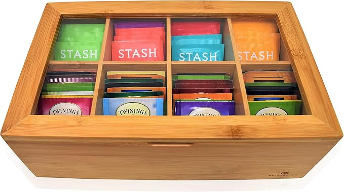 RoyalHouse Big Natural Bamboo Tea Box Storage Organizer, 8 Compartments | Amazon (US)