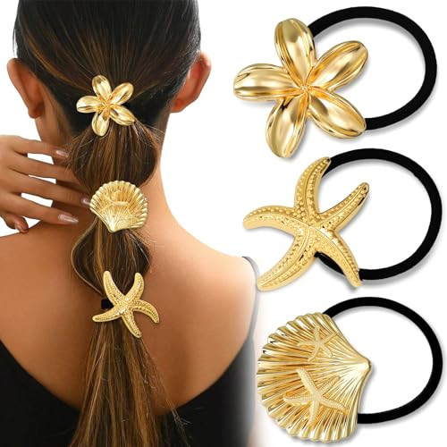 3PCS Gold Hair Ties, Metal Hair Ties for Thick Hair, Elegant Durable Geometric Design, Gold Hair Accessories Stretchy and Non-Damage Ponytail Holders, Ocean Pattern 3 Style Starfish Shell Flower | Amazon (US)