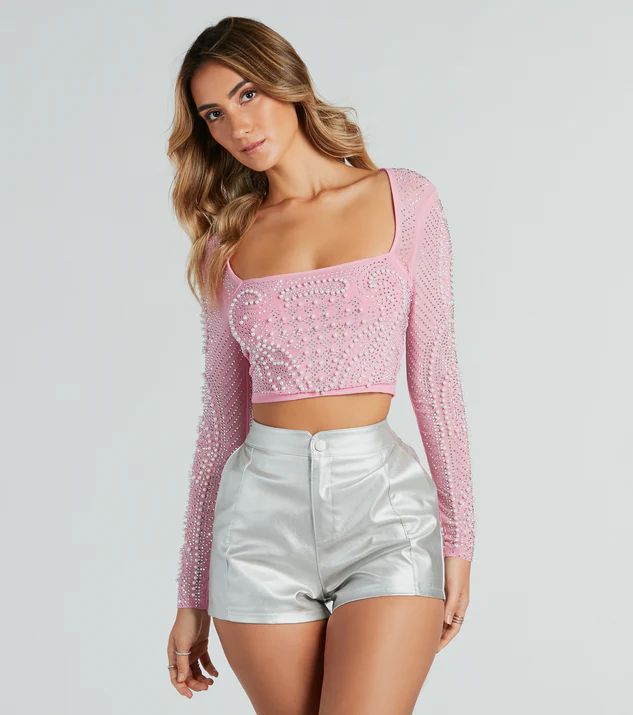 Pearly Babe Rhinestone Long Sleeve Crop Top | Windsor Stores