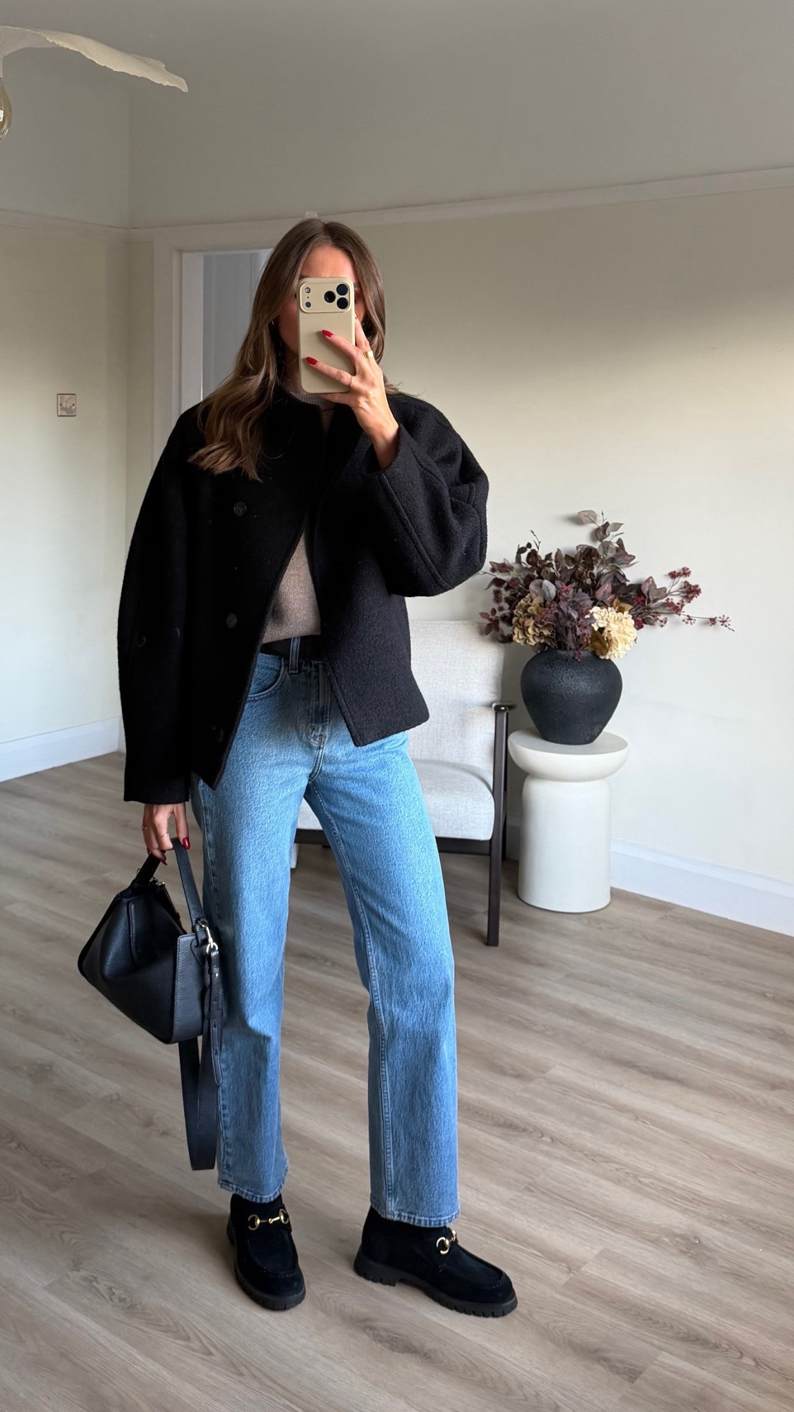 Small on the &OS black jacket
Medium in the cos jumper
25 reg in the Abercrombie blue straight leg jeans, I’m 5ft 6. These are the medium wash 
The horse bag 
Gucci black suede boots
