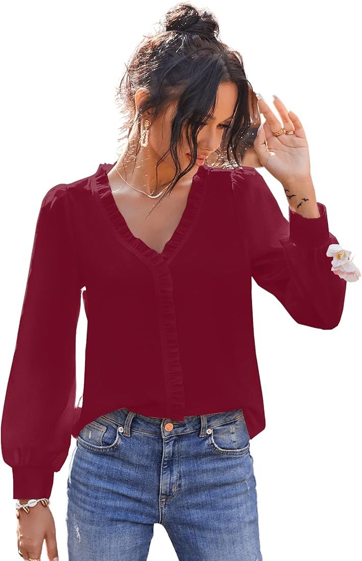 SheIn Women's V Neck Ruffle Trim Puff Long Sleeve Chiffon Blouse Solid Top Shirt | Amazon (US)