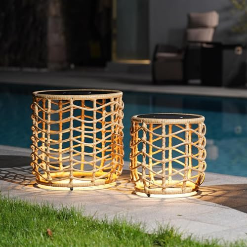 Solar Yard Boho Solar Nesting Tables with Built-in Lights - Set of 2, Weather-Resistant Wicker for Patio, Porch, Garden, Perfect Side Table for Outdoor Living, Natural & Stylish Design | Amazon (US)
