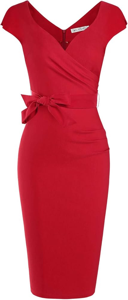 Amazon.com: MUXXN Womens Elegant Cut Out Neck Pleated Sheath Formal Party Midi Dress (Red M): Clo... | Amazon (US)