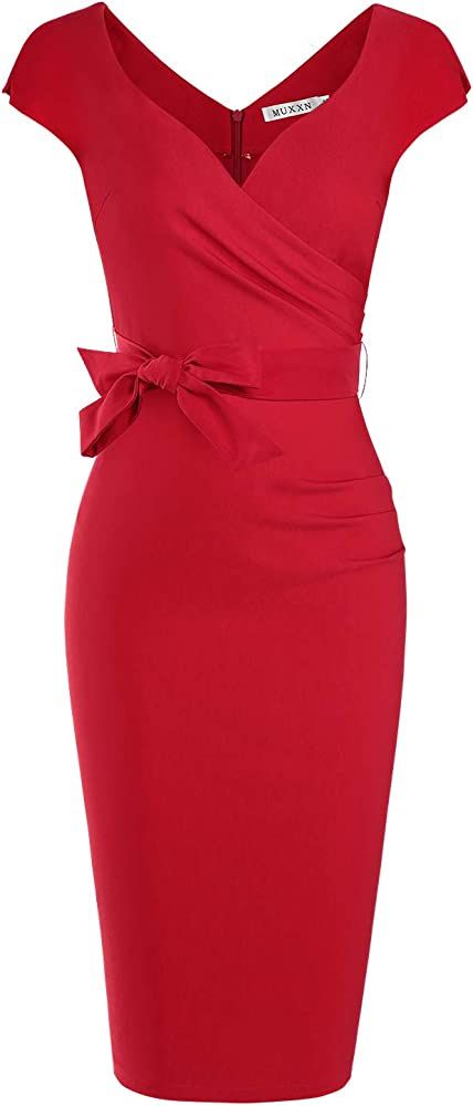 Amazon.com: MUXXN Womens Elegant Cut Out Neck Pleated Sheath Formal Party Midi Dress (Red M): Clo... | Amazon (US)