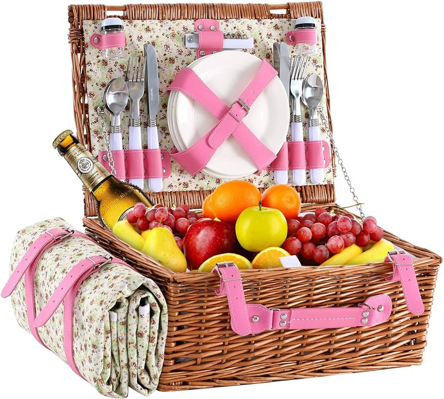 Wicker Picnic Basket for 4 with Waterproof Picnic Blanket and Insulated Cooler, Willow Hamper for... | Amazon (US)