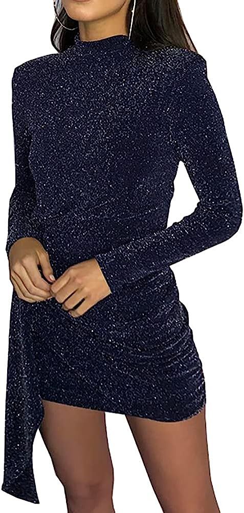 Abardsion Womens Glitter Crewneck Long Sleeve Bodycon Mini Ruched Cocktail Party Dress | Amazon (US)