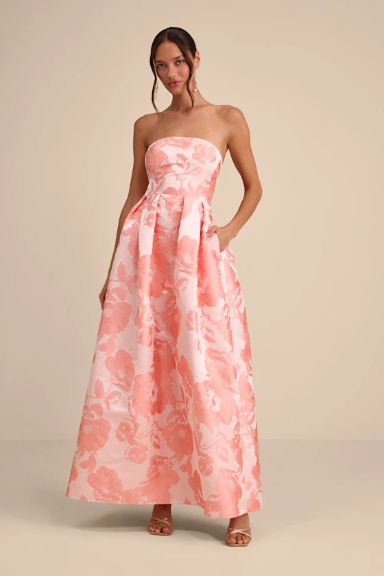 Laurelin Blush Floral Jacquard Pleated Strapless Maxi Dress | Lulus