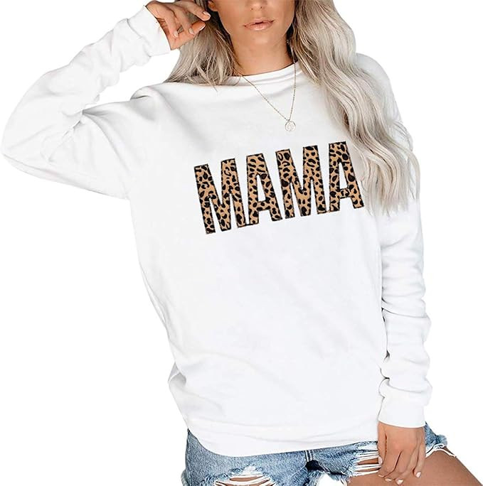 Mama Sweatshirt Women Cute Leopard Funny Letter Print Mom Blouse Tops Casual Long Sleeve Vacation... | Amazon (US)