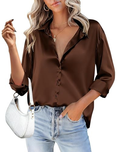 HOTOUCH Brown Button Down Shirt Silk Blouse for Women Satin Long Sleeve Tops Elegant Silky Button Down Shirts Blouse Brown L | Amazon (US)