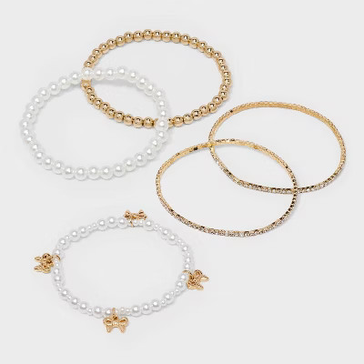 Beaded and Pearl Bow Charm Bracelet Set 5pc - Wild Fable™ Gold | Target