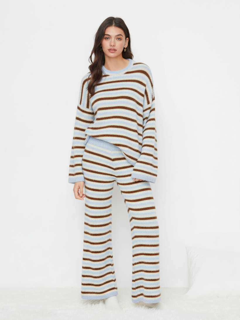 Tricot Wool-blend Knit Striped Round Neck Oversized Sweater For Décontracté quotidien Maison | Cider