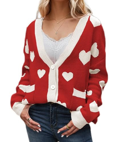 Women Cute Heart Print Cardigan Valentine’s Day Love Heart Button Front Sweater Long Sleeve Knit Crop Cardigan | Amazon (US)