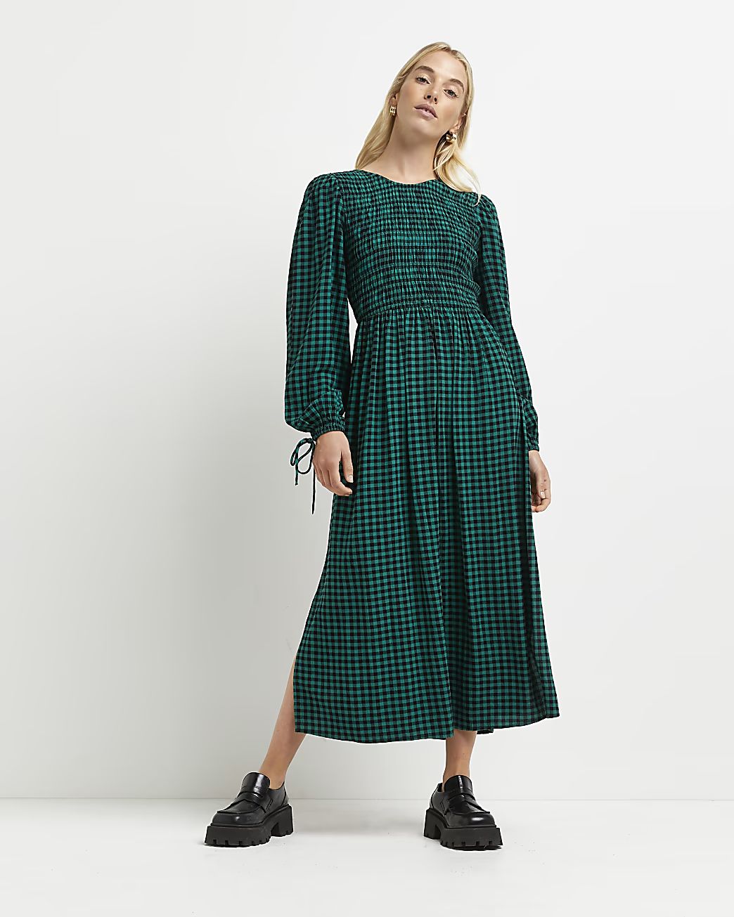Green gingham shirred midi dress | River Island (UK & IE)