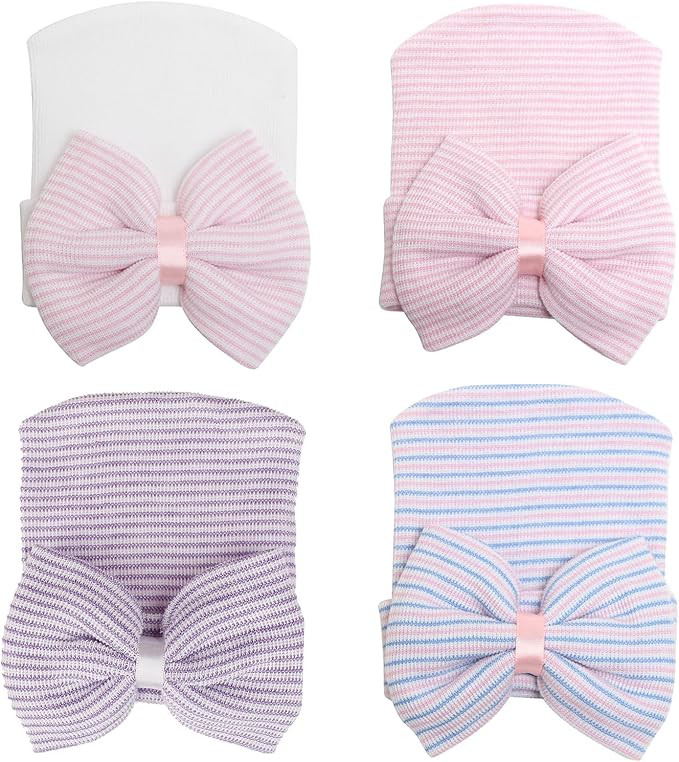 DRESHOW BQUBO 4 Pack Newborn Hospital Hat Infant Baby Hat Cap with Big Bow Soft Cute Knot Nursery... | Amazon (US)