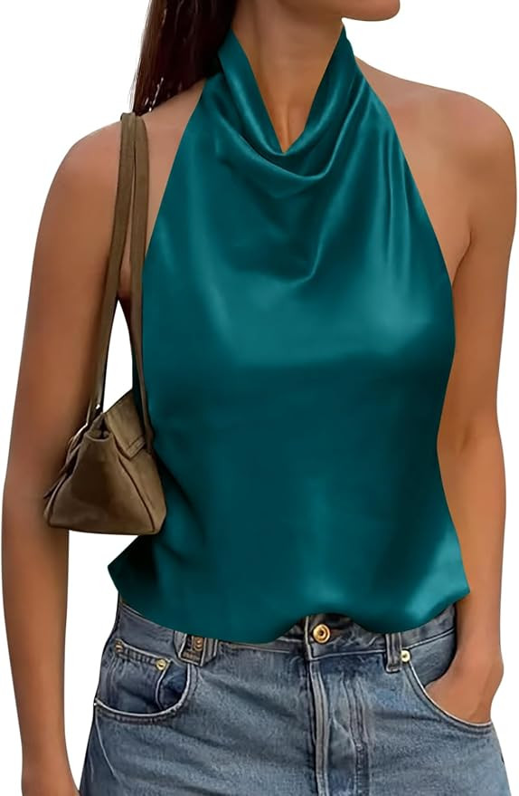 Cicy Bell Womens Satin Halter Tops Y2k Going Out Mock Neck Backless Tank | Cowl Neck, Draped Ruch... | Amazon (US)