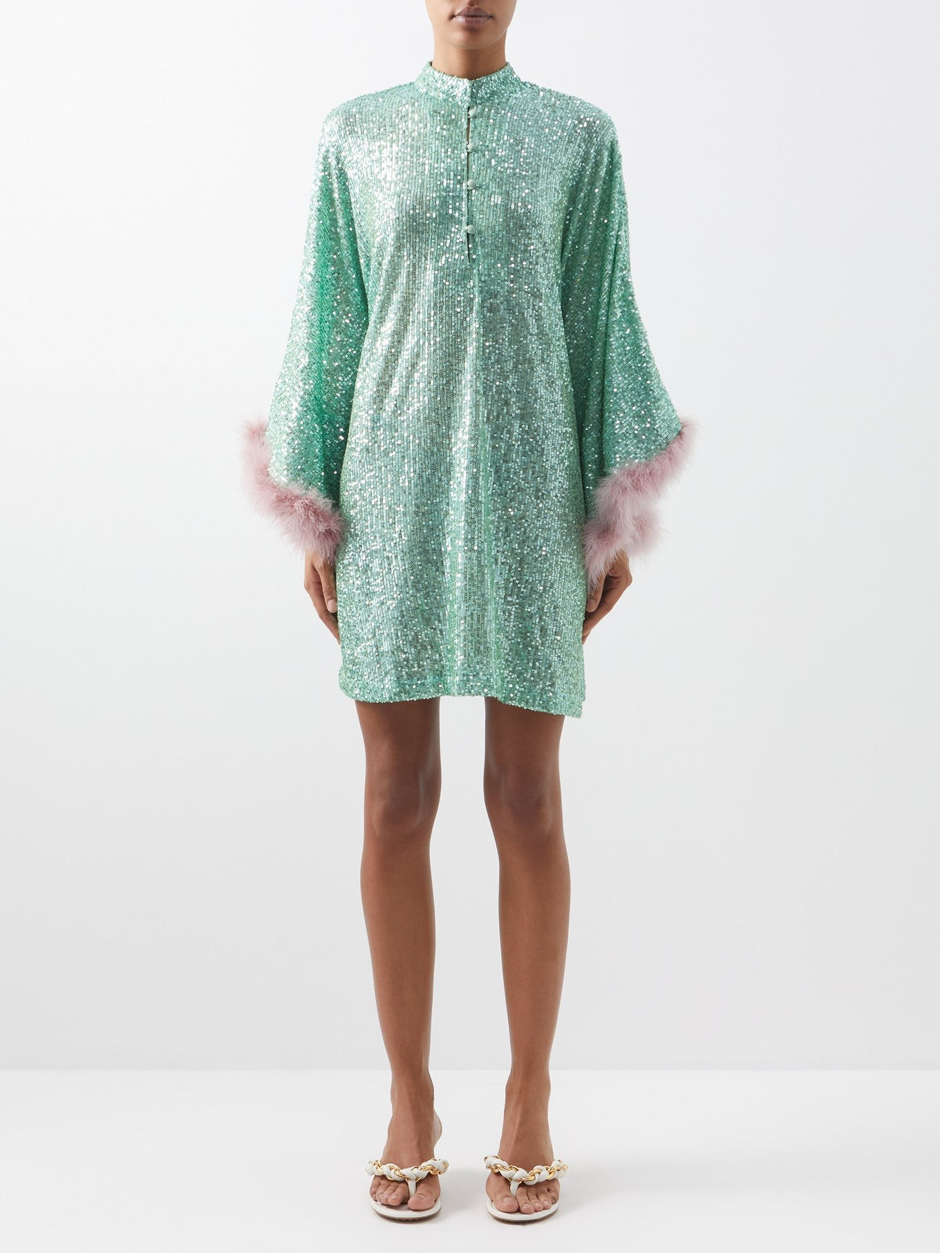 Feather-trim sequinned-jersey short kaftan | Matches (US)