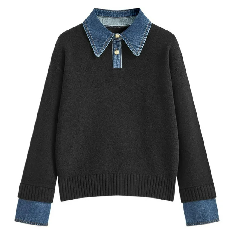 DuoJiaJ Women's Pullover Sweater Casual Loose Knit Top Collar Denim Trim Elegant Versatile Shirt ... | Walmart (US)