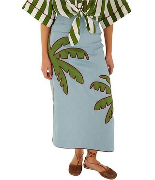 Farm Rio Blue Embroidered Palm Tree Mid Rise Linen Maxi Skirt | Dillard's | Dillard's