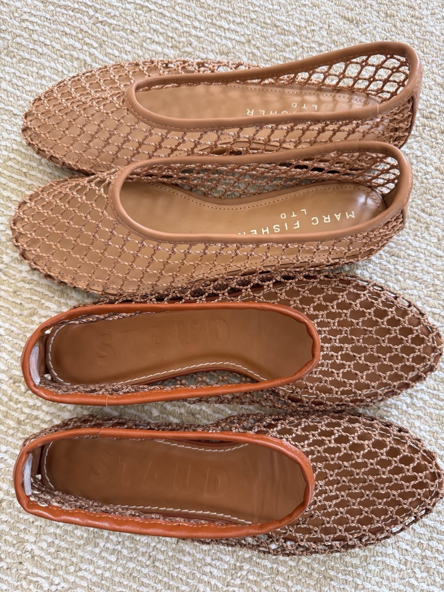 Staud alba netted flats vs. Marc Fisher Jazlyn netted flats. Nearly identical for a fraction of the price. 

Staud flats are TTS. 

Marc fisher Jazlyn- Size half size down, run big. 

Love this style as an elevated footwear options as the weather warms up!

#LTKPetite #LTKSeasonal
