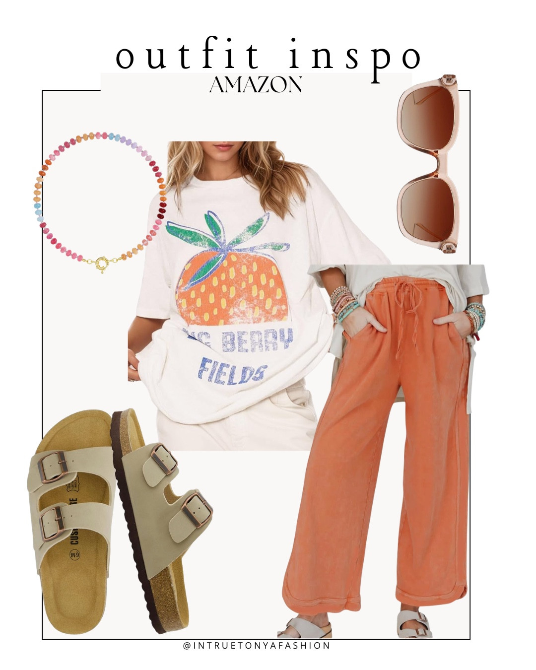 Amazon outfit idea — graphic tee, orange sweatpants, Birkenstock look for less sandals (i went up half a size for mine) beaded necklace and sunglasses 






Amazon outfits every outfit inspo, outfit ideas, casual outfits amazon, amazon outfits every day, spring outfits 2026, summer outfits

#LTKSaleAlert #LTKPetite #LTKootd