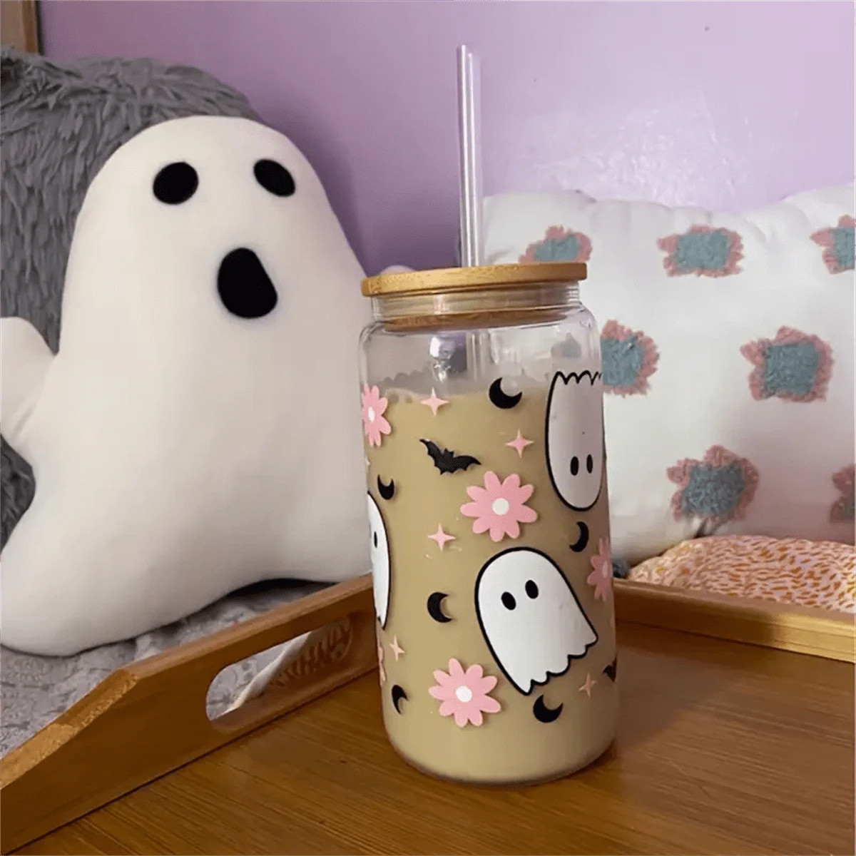 1pc, Flower Ghost Drinking Glass With Lid And Straw, 480ml Can Shaped Glass Water Cup, Iced Coffe... | SHEIN