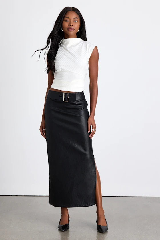 Agnis Black Vegan Leather Belted Column Maxi Skirt | Lulus