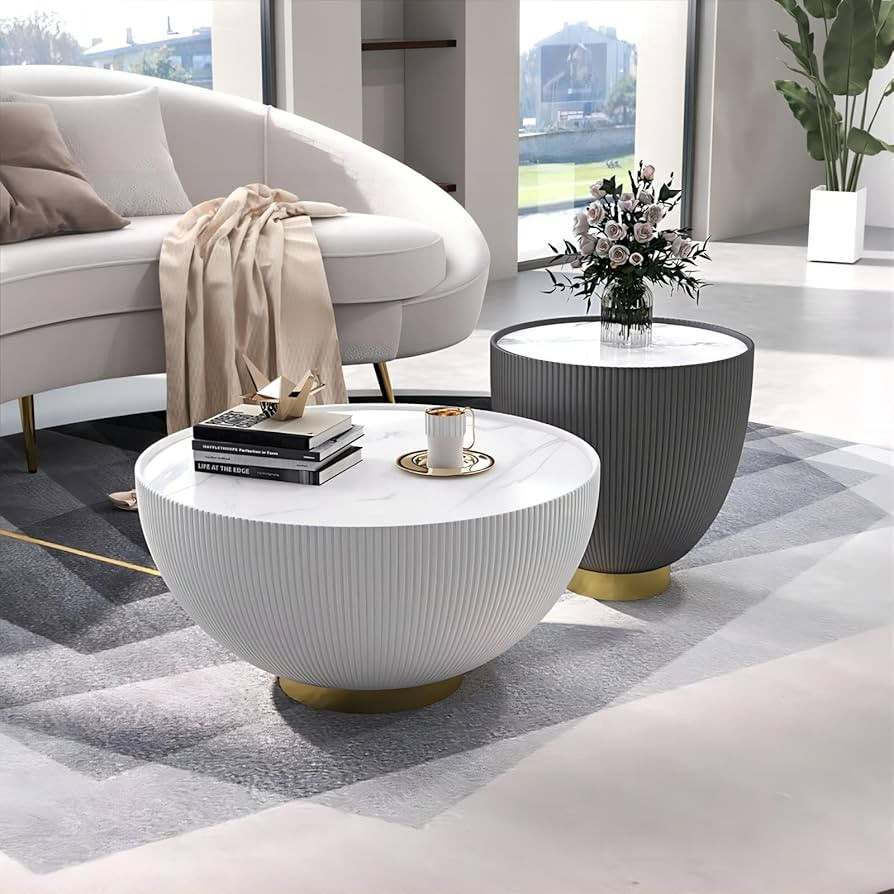 homary 2-Piece Round Coffee Table Set with Sintered Stone Top, Stainless Steel Base PU Leather Up... | Amazon (US)