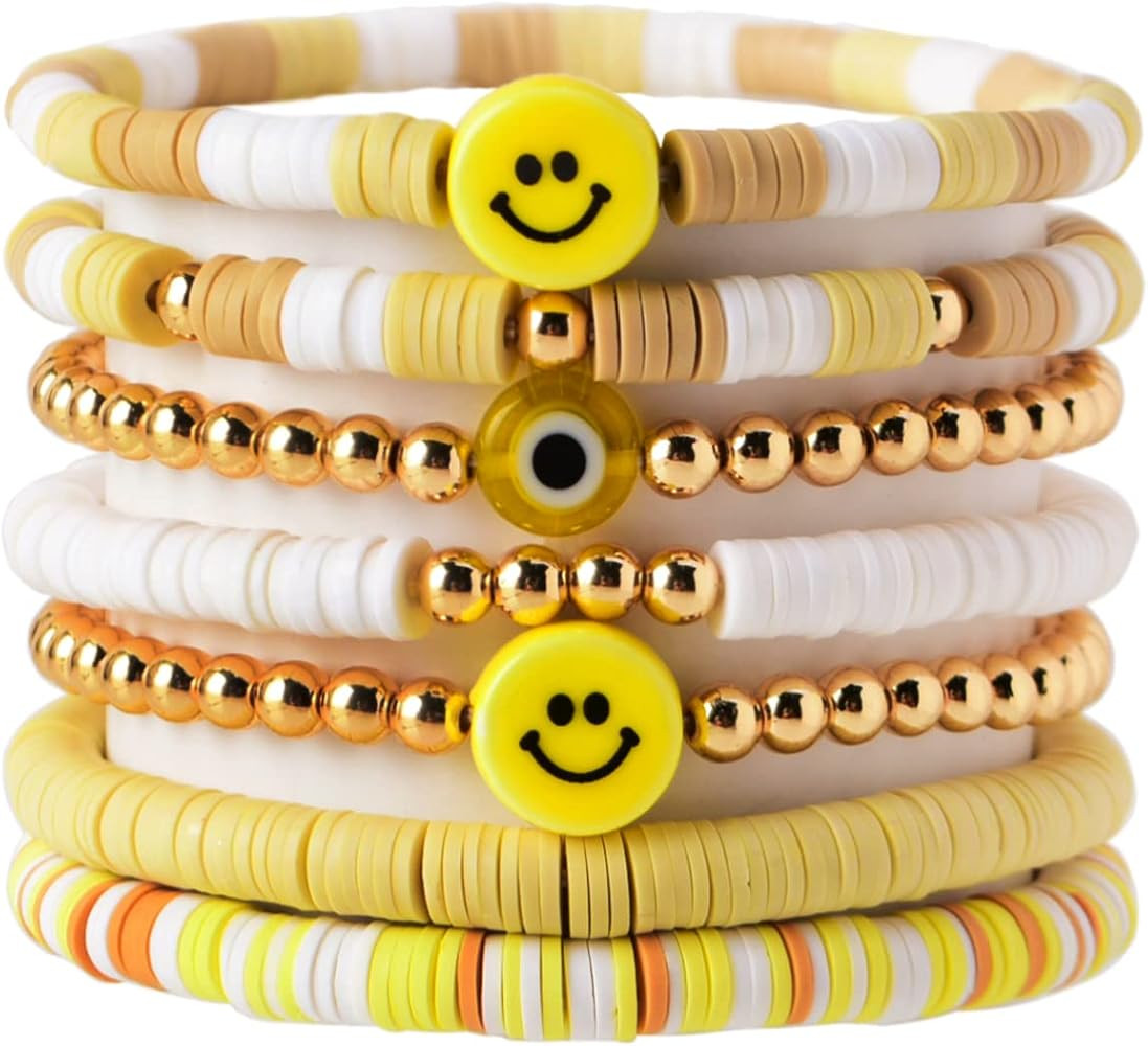 Surfer Heishi Smiley Face Beaded Bracelets for Women, Stackable Smile Evil Eye Preppy Stretch Bra... | Amazon (US)