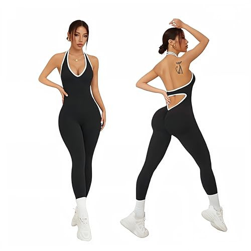 EROSEL Women’s Halter One-Piece Yoga Bodysuit, Open Back Workout Jumpsuit for Gym, Fitness, Pilates, Dance,Activewear Romper (Black, Medium) | Amazon (US)