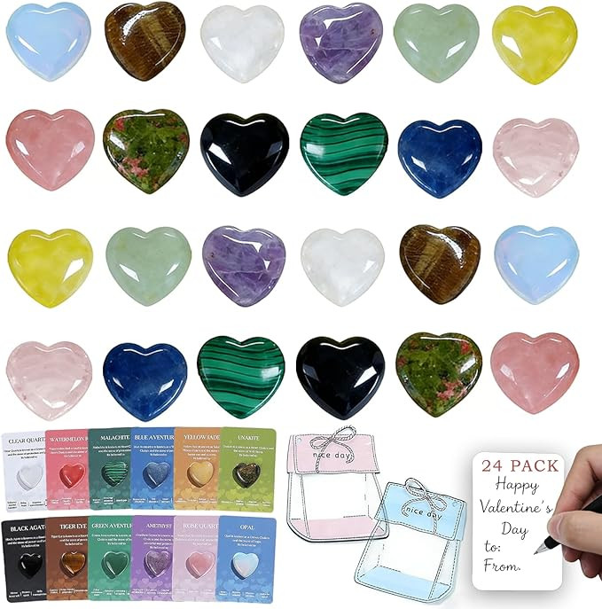 24 Packs Valentines Day Gifts for Kids,Crystals and Healing Stones with Heart Valentines Day Card... | Amazon (US)