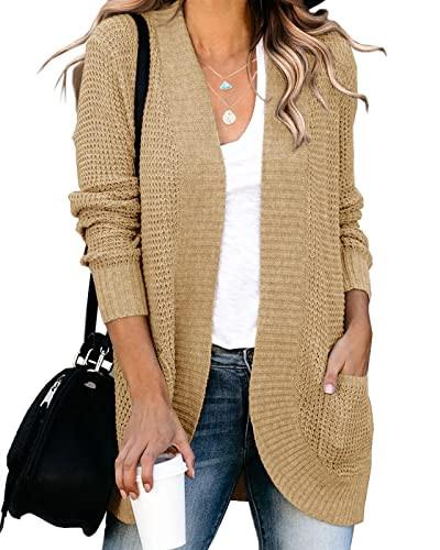 Saodimallsu Womens Loose Open Front Cardigan Long Sleeve Casual Lightweight Soft Knit Sweaters Coat with Pockets Khaki | Amazon (US)