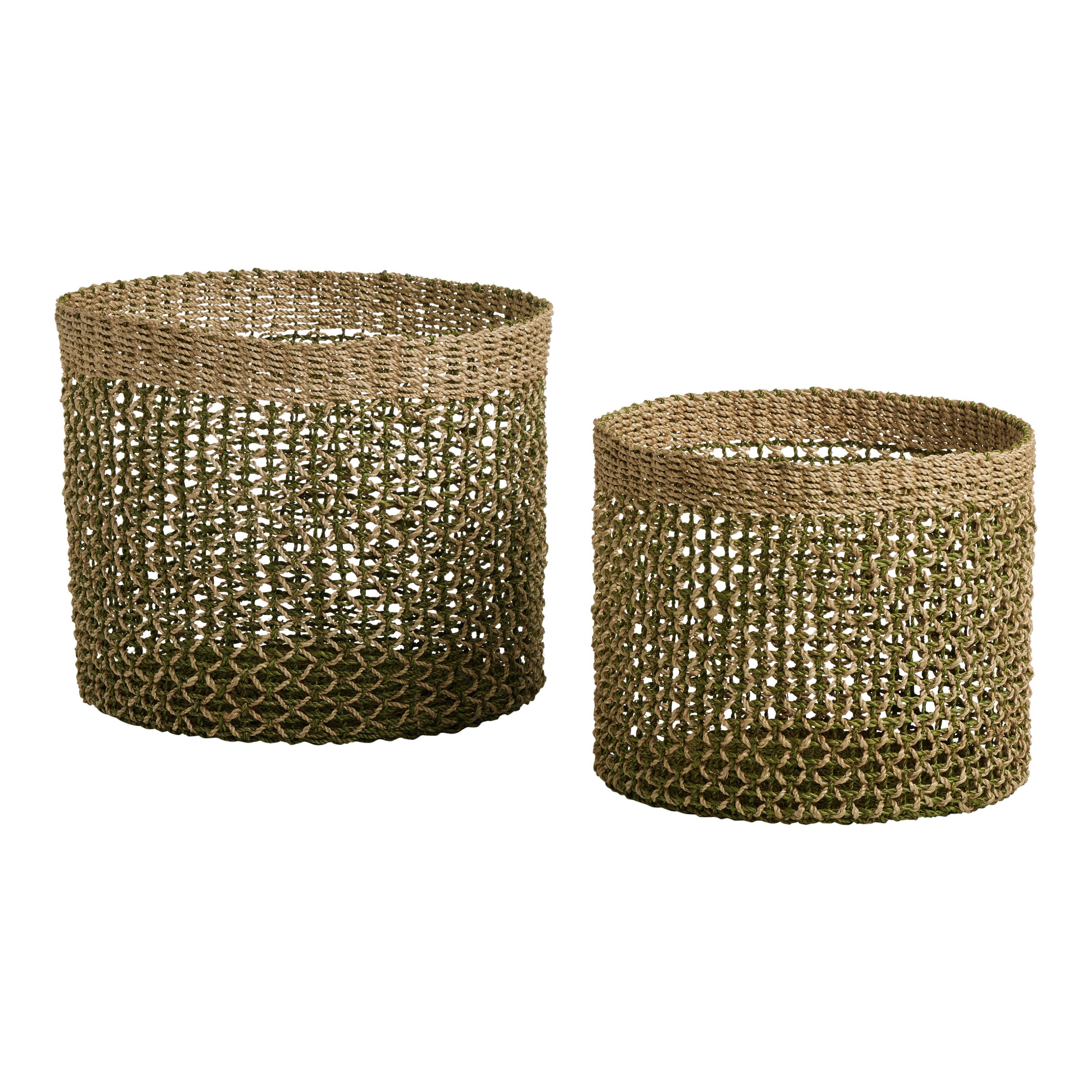 Rita Green And Natural Abaca Fiber Open Weave Basket | World Market